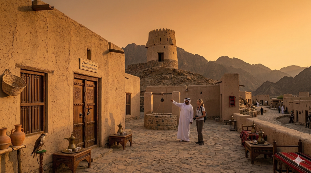 Golden hour view of a local guide and tourist exploring the traditional architecture and falconry displays inside Hatta Heritage Village.