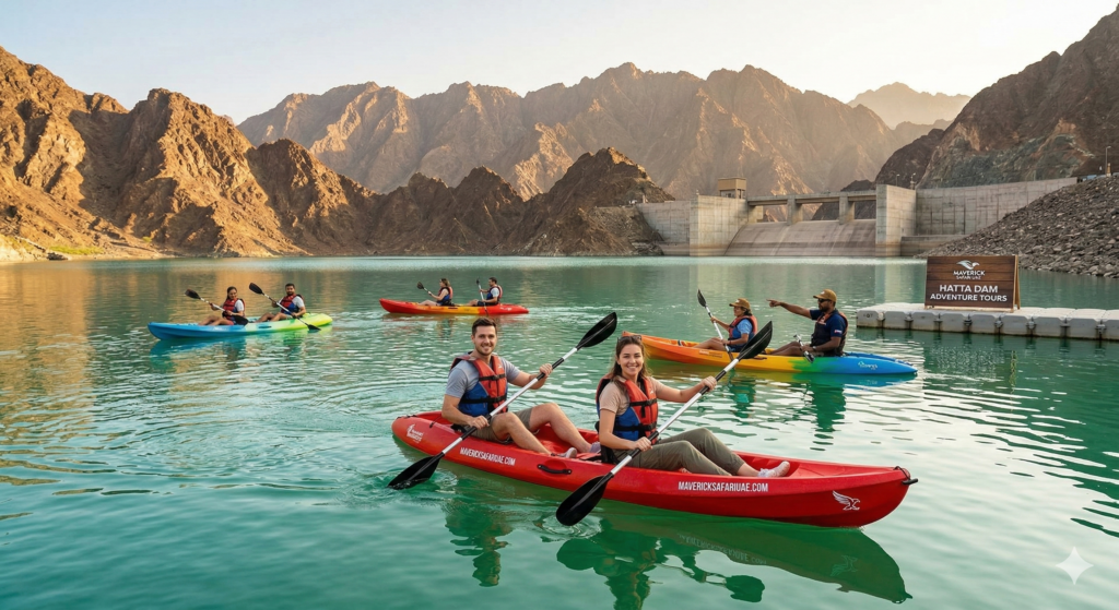 Couple smiling in a red Maverick Safari tandem boat during a guided Hatta Dam kayaking tour, with the main dam structure in the background.
