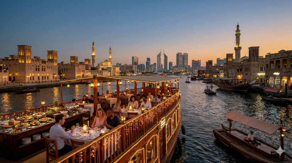 Tourists enjoying an evening meal with Maverick Safari UAE, showcasing the best value Dhow Cruise Dubai Price featuring a gourmet buffet and historic Creek views.
