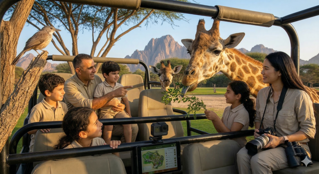 Al Ain Zoo Tour A family feeding a giraffe from an open-top vehicle at the Al Ain Safari park, the ultimate interactive experience during an Al Ain Zoo Tour.