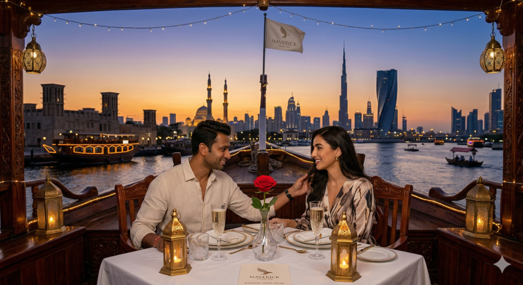 A couple enjoying a candlelit dinner on a Romantic Dhow Cruise Dubai with Maverick Safari UAE, featuring sunset views of the Burj Khalifa and the city skyline.