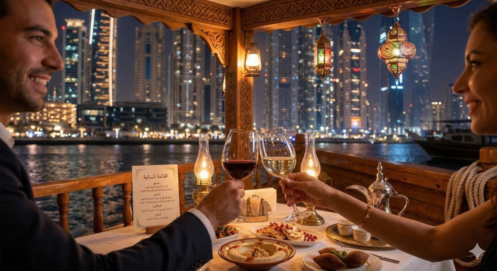 A couple clinking glasses during a romantic dinner on a Dubai Marina Dhow Cruise, featuring traditional Arabic appetizers and views of the illuminated skyscrapers at night.