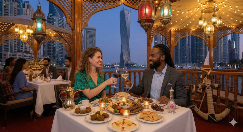 Dhow Cruise Dinner Dubai Experience premium Arabic hospitality and fine dining on a Maverick Safari UAE Dhow Cruise Dinner Dubai in the heart of the Marina.