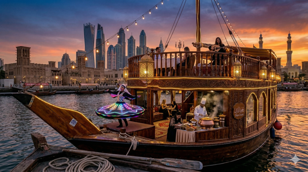 Experience the best value Dhow Cruise Dubai Price featuring a live Tanoura dance show, gourmet buffet dinner, and stunning views of the Dubai Marina skyline.