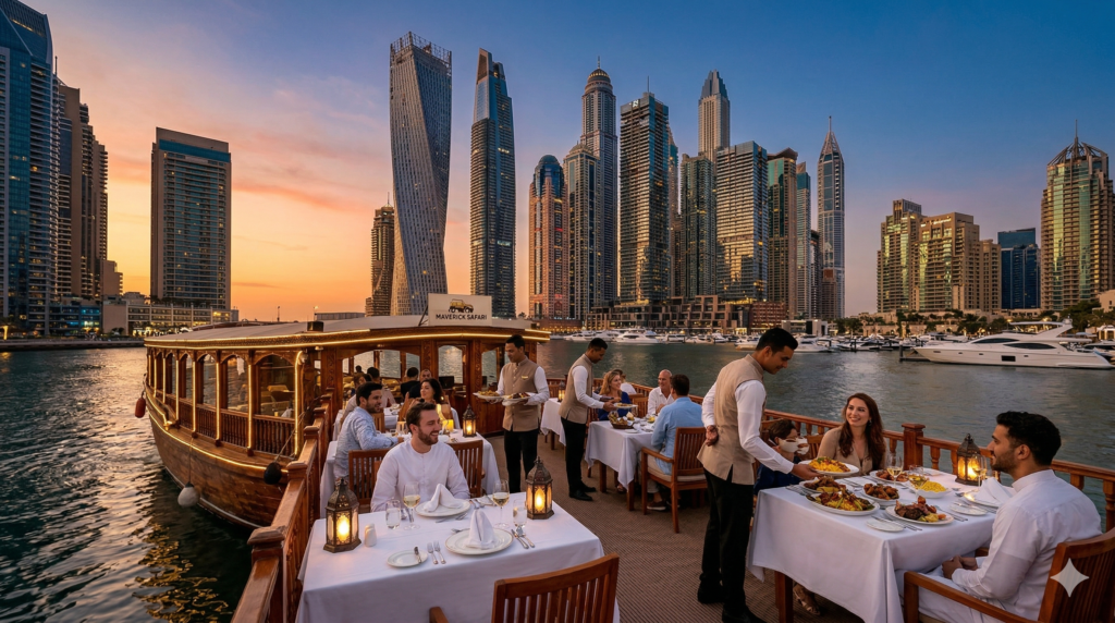 Tourists enjoying a luxury Dhow Cruise Dubai Marina With Dinner on a traditional wooden boat, featuring fine dining service against the illuminated Cayan Tower and Marina skyline.