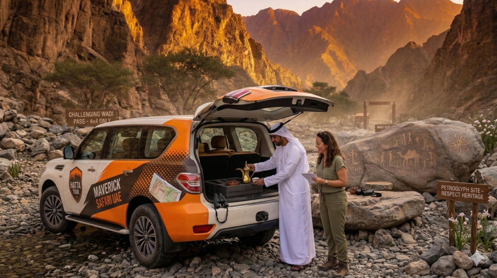 Emirati guide pouring Arabic coffee from a Maverick Safari SUV trunk in a rocky wadi with petroglyphs during an adventurous Hatta Mountain Tour.
