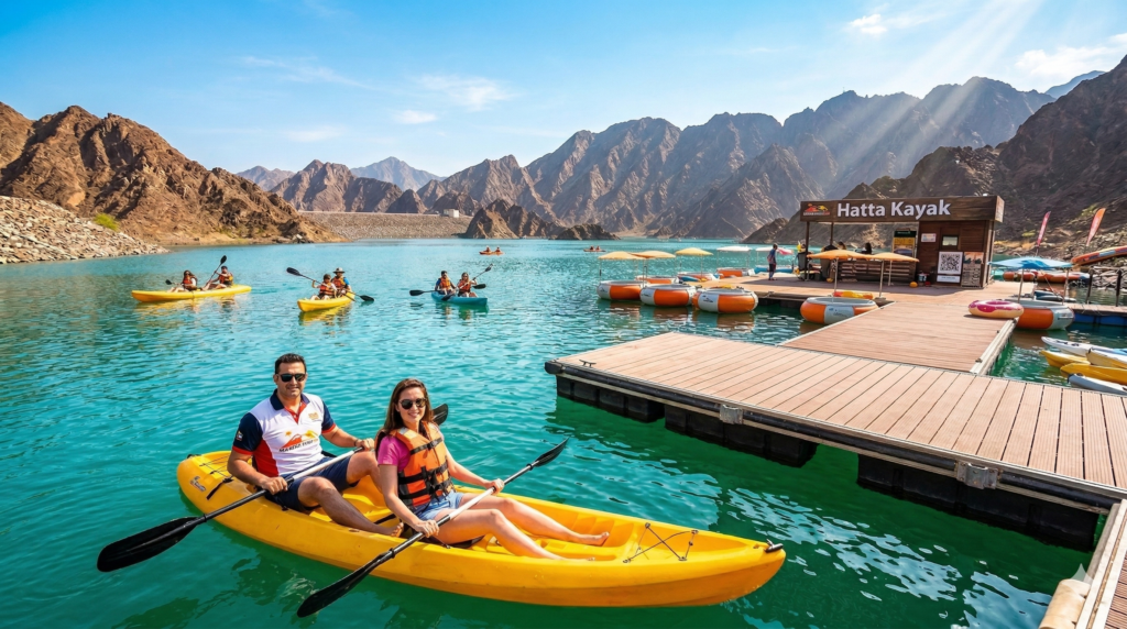 Couple enjoying Hatta Dam kayaking in a bright yellow tandem boat, paddling away from the main wooden floating docks on a sunny day.