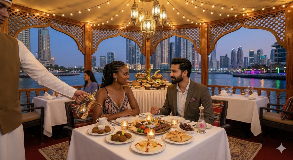 Dhow Cruise Dinner Dubai A couple enjoying a romantic Dhow Cruise Dinner Dubai on a traditional wooden boat, featuring an authentic Middle Eastern feast and views of the Dubai Marina skyline.