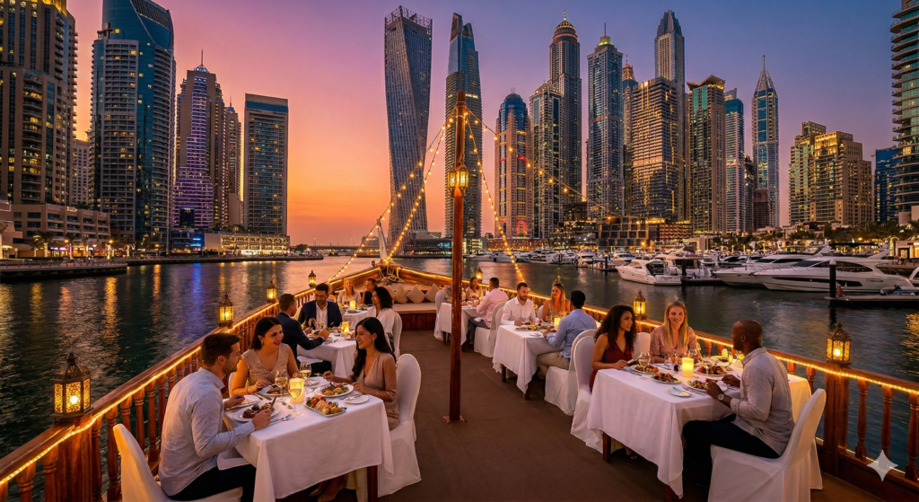 Tourists enjoying a luxury Dhow Cruise Dubai Marina With Dinner on a traditional wooden boat against the illuminated sunset skyline and Cayan Tower.