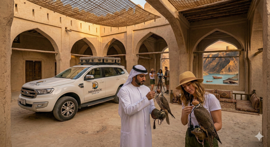 An Emirati guide and a tourist holding falcons during a Hatta Tour, set in a traditional courtyard with a safari SUV and scenic mountain views.