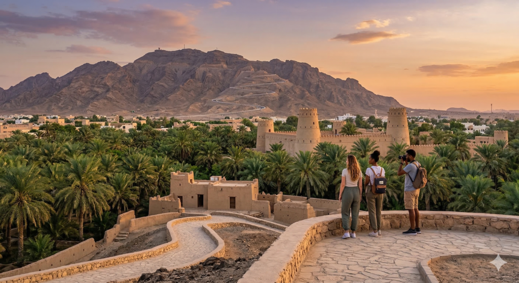 A scenic sunset view of the Al Ain oasis and traditional mud-brick architecture, a highlight of a guided Al Ain City Tour From Dubai.