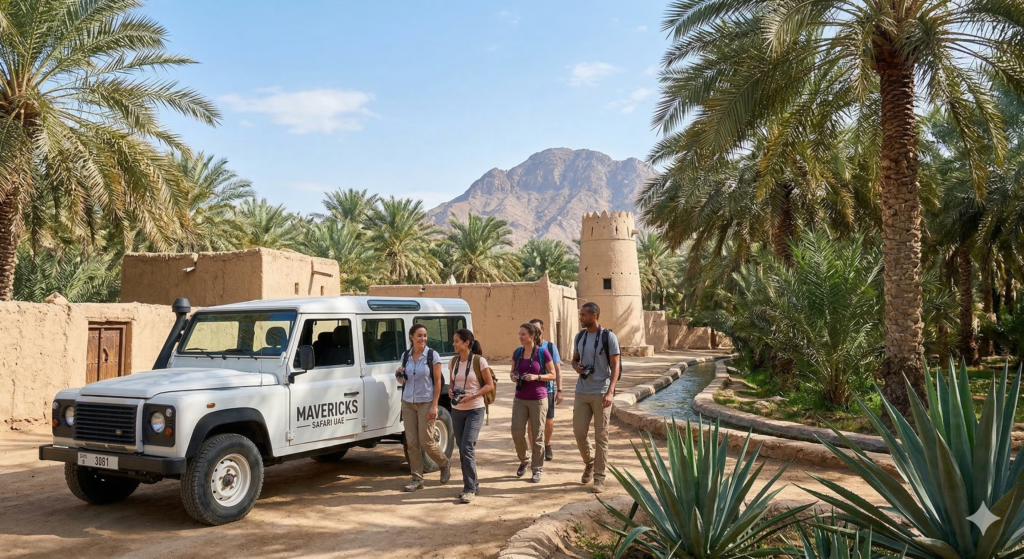 Tourists enjoying tea and traditional performances in the mountains during a comprehensive Al Ain Day Trip with Maverick Safari UAE.
