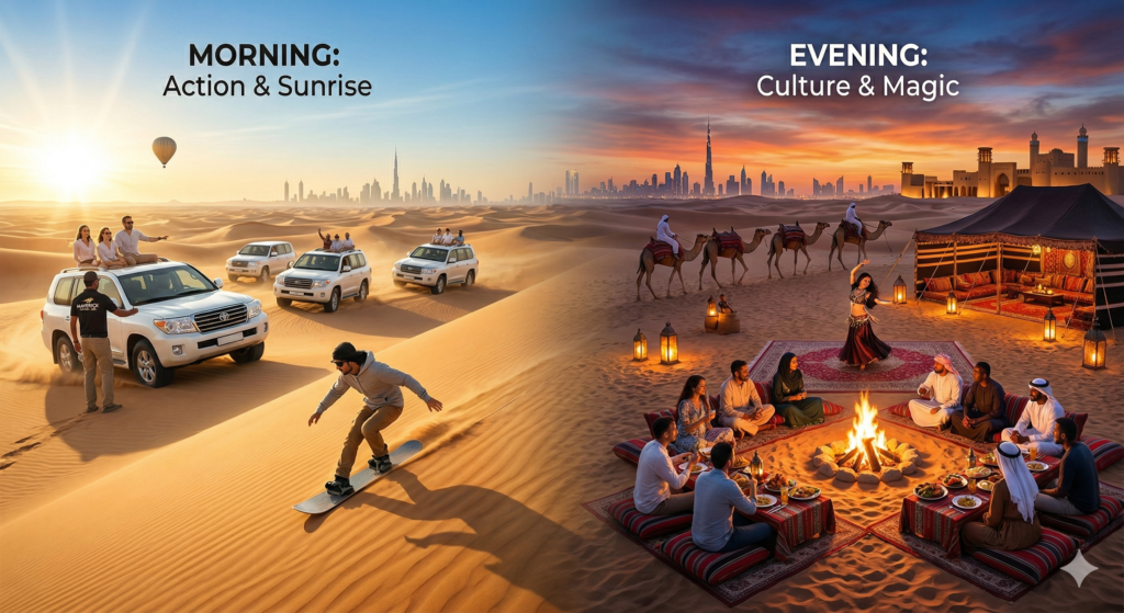 A split image answering Is Morning or Evening Desert Safari Better, featuring sunrise sandboarding and 4x4 dune action versus a sunset desert camp with cultural dance and traditional dinner.