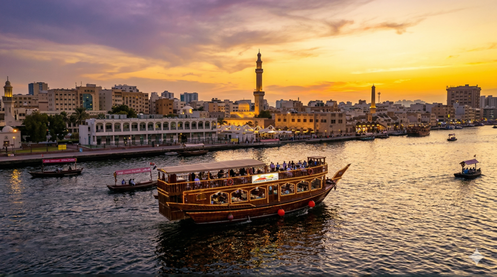 A traditional wooden Deira Creek Dhow Cruise boat illuminated at sunset, sailing past the historic minarets and heritage buildings of Old Dubai.