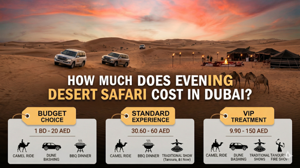 How Much Does Evening Desert Safari Cost in Dubai? Comparison chart for the question "How Much Does Evening Desert Safari Cost in Dubai?" showcasing inclusions like camel rides, Tanoura shows, and fire shows across different price tiers.