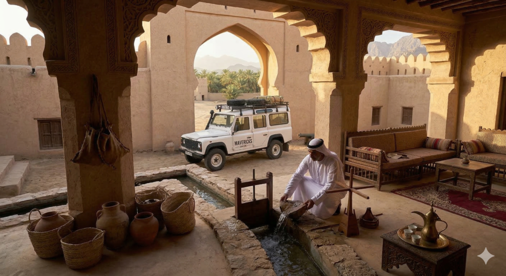 An Emirati man showing the ancient falaj water system in a traditional courtyard with a safari vehicle parked outside, showcasing the culture of the Al Ain Day Trip.