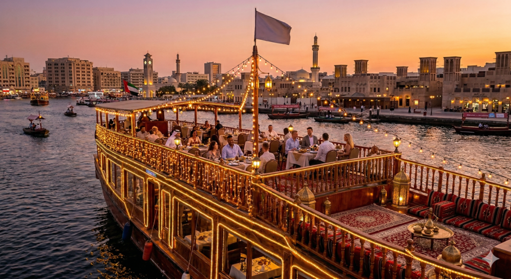 Experience the authentic charm of Old Dubai with a Deira Creek Dhow Cruise, showcasing traditional wooden dhow architecture and golden hour waterfront scenery.