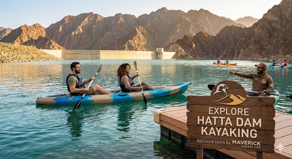 Couple in a tandem boat and a guide on the water near a wooden sign for exclusive Hatta Dam kayaking tours by Maverick Safari UAE.