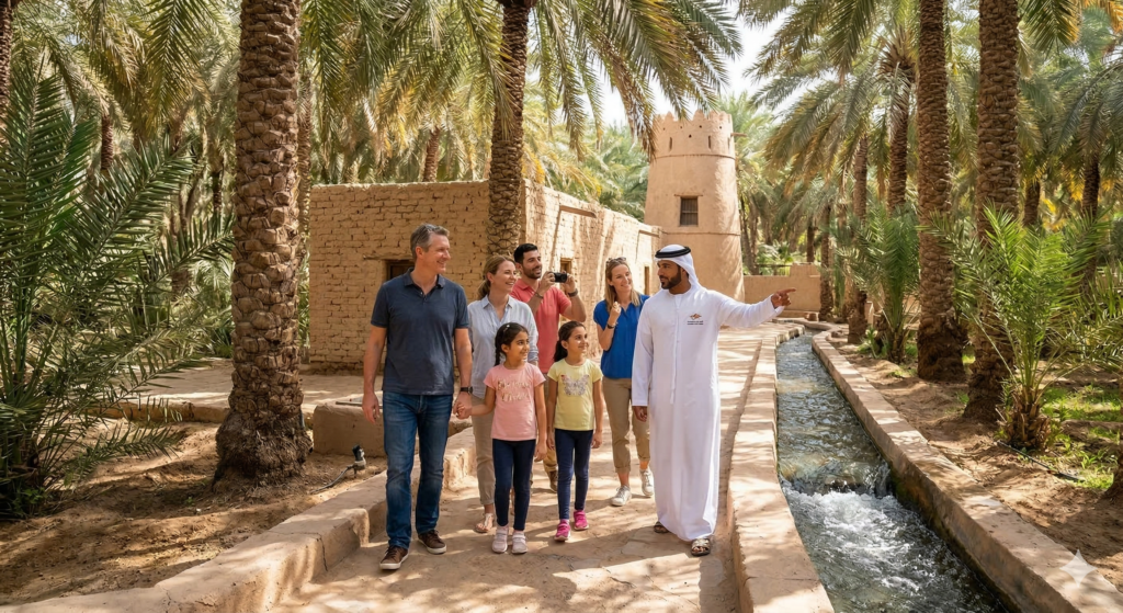 A group of tourists and a local guide exploring the lush date palm groves and traditional falaj irrigation system during an Al Ain Oasis Tour.
