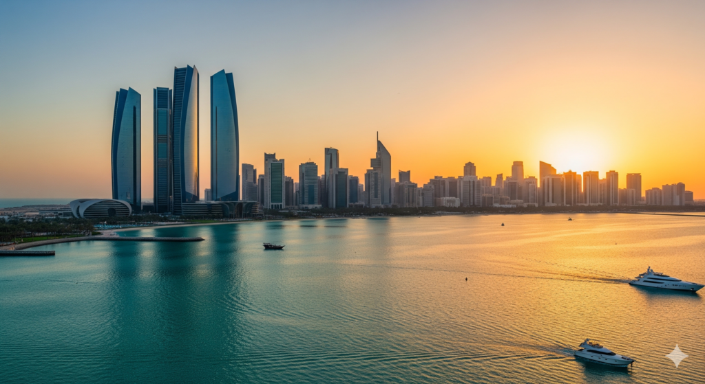 Abu Dhabi Sightseeing Abu Dhabi Sightseeing Stunning Abu Dhabi skyline at sunset featuring Etihad Towers, luxury yachts and waterfront views along the Arabian Gulf during a city sightseeing tour.