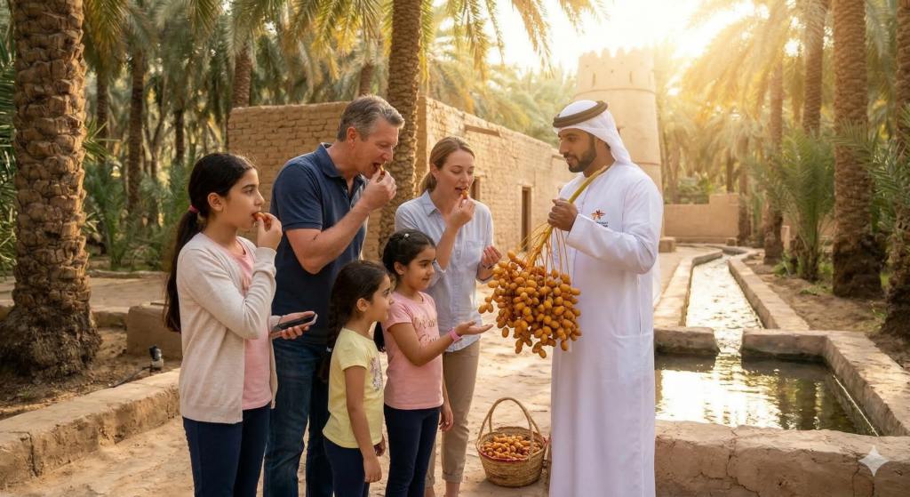 A family tasting fresh dates offered by a local guide during an Al Ain Oasis Tour, set against the backdrop of traditional mud-brick buildings and ancient irrigation channels.