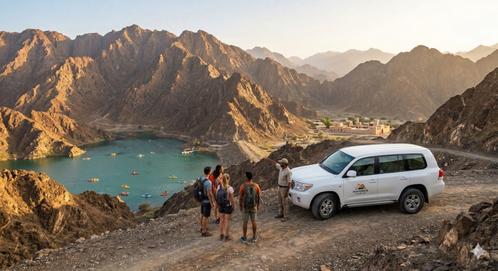 Tour guide pointing out the Hatta Dam lake to a group of tourists standing next to a Maverick Safari SUV on a Hatta Mountain Tour.