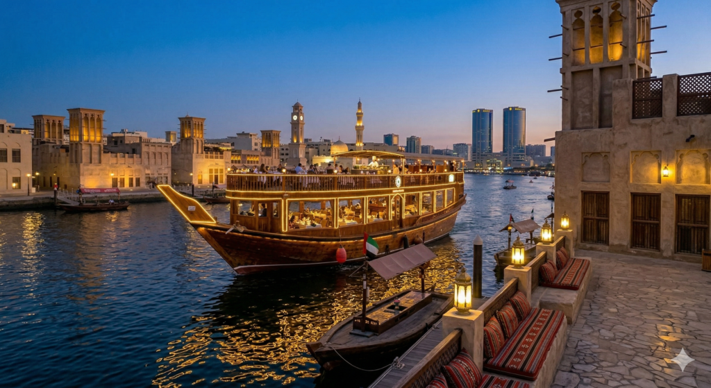 A traditional wooden Dhow Cruise Dubai Creek boat illuminated with festive lights, sailing past the historic wind towers of Al Seef at dusk.