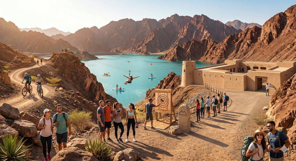 Axe throwing, mountain biking, and ziplining adventures at Hatta Wadi Hub with Maverick Safari.