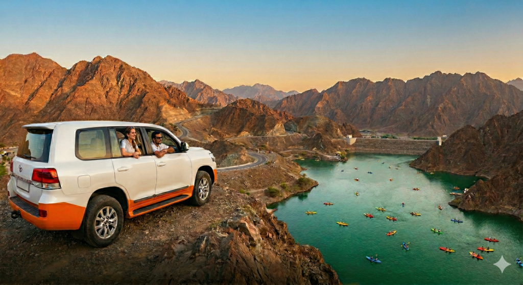 Hatta Tour From Dubai Tourists enjoying mountain lake view during Hatta Tour From Dubai with kayaks and scenic Hajar Mountains backdrop.
