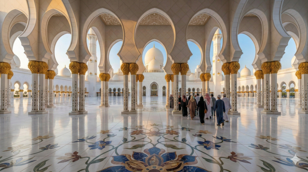 Abu Dhabi Sightseeing Visitors exploring the stunning Sheikh Zayed Grand Mosque courtyard with grand arches, golden columns and intricate marble floral designs in Abu Dhabi.