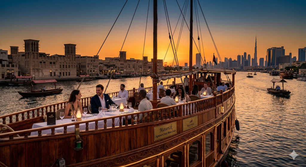 Tourists dining on a Creek Dhow Cruise Dubai at sunset, with views of the Burj Khalifa and the historic wind towers of Old Dubai.