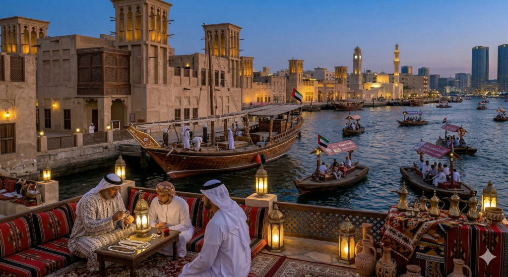 Experience the authentic culture of a Dhow Cruise Dubai Creek featuring traditional Majlis seating, lanterns, and views of the historic Al Seef wind towers at sunset.