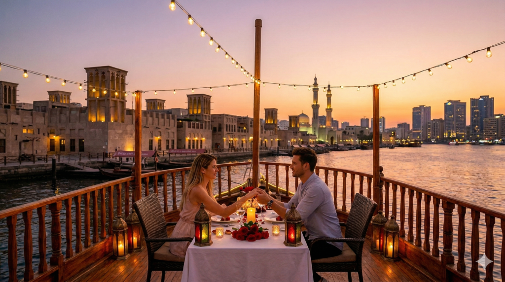 A couple enjoying a candlelit dinner on a Romantic Dhow Cruise Dubai at sunset, overlooking the historic wind towers and minarets of Old Dubai Creek.