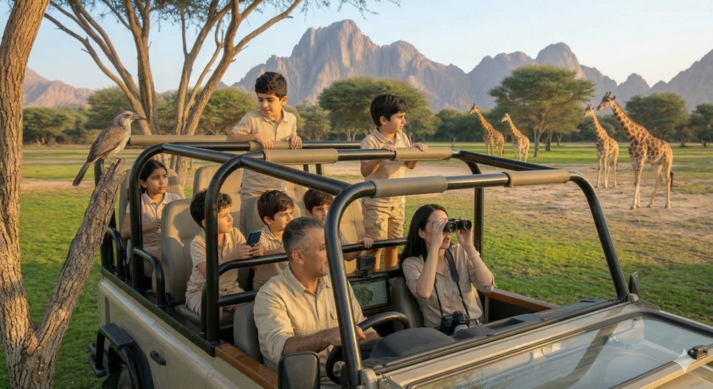 A family on an open-top safari vehicle watching giraffes in a lush mountain landscape during a professional Al Ain Zoo Tour.