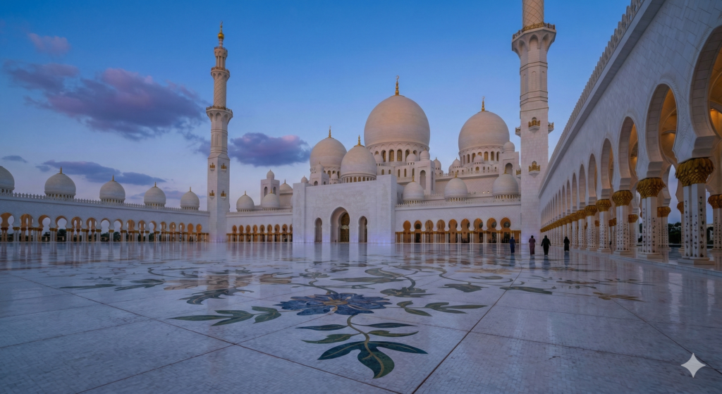 Abu Dhabi Sightseeing Abu Dhabi Sightseeing Evening view of Sheikh Zayed Grand Mosque with illuminated white domes, grand minarets and reflective marble courtyard during a scenic Abu Dhabi city tour.