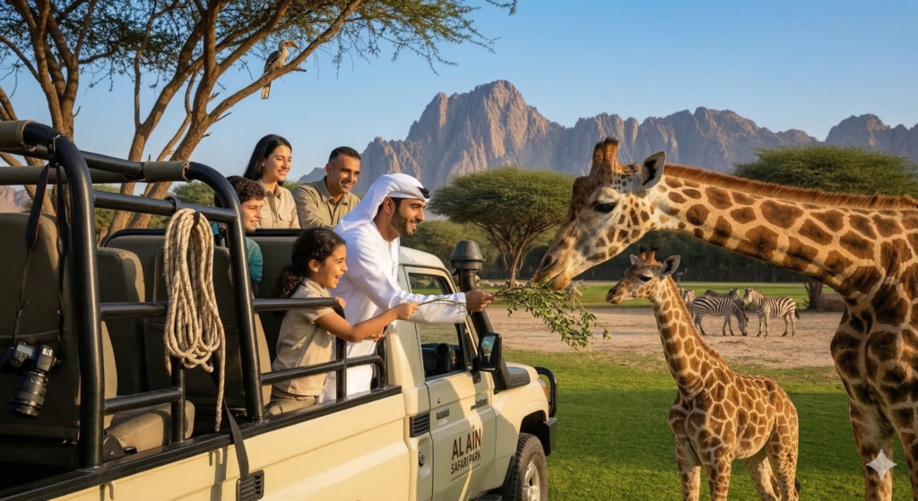 Al Ain Zoo Tour A family feeding a giraffe from an open-top vehicle at the Al Ain Safari Park, the primary highlight of a professional Al Ain Zoo Tour.