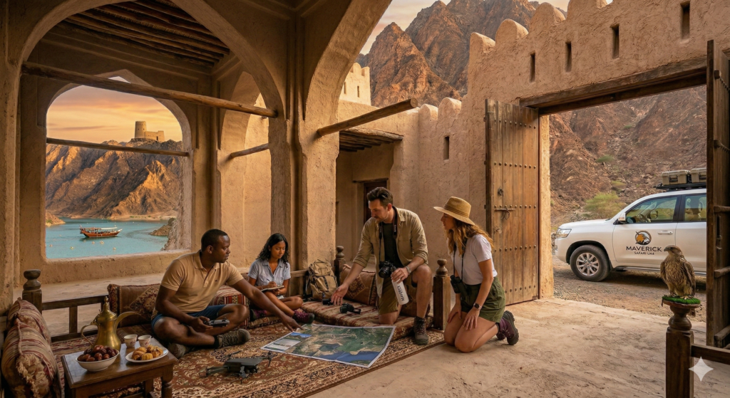 A group of tourists reviewing a map inside a traditional heritage building with mountain and lake views during a guided Hatta Tour.
