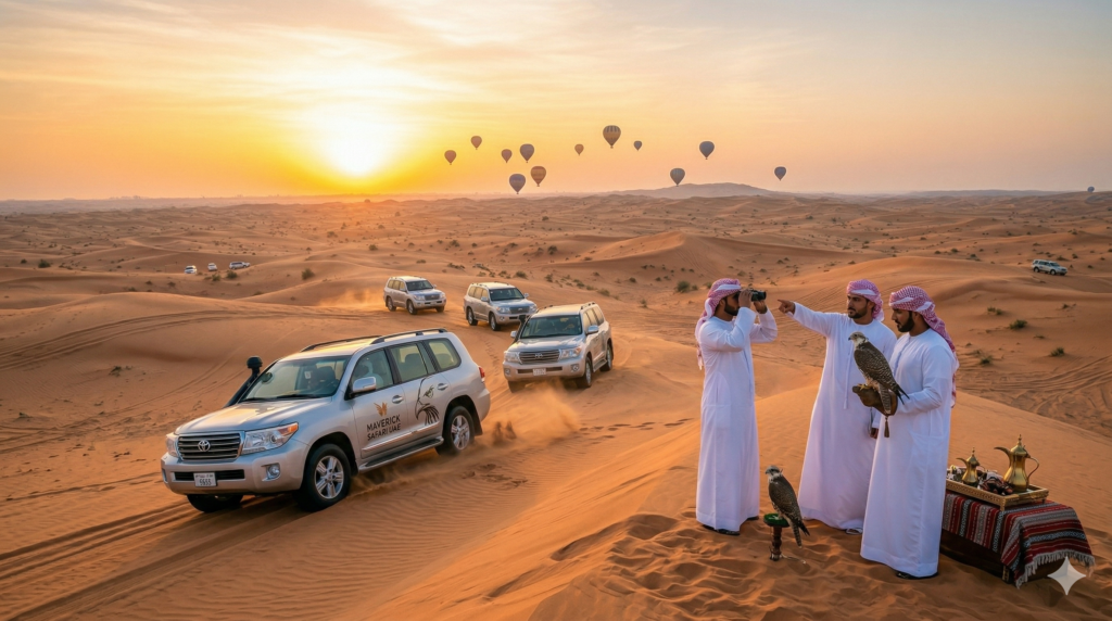 A sunrise view of a morning desert tour, answering what time does morning desert safari start with early 5:00 AM departures for falconry, dune bashing, and traditional Arabic coffee.