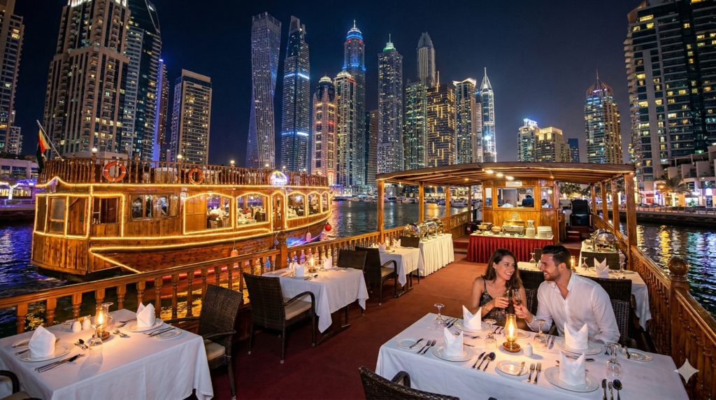 A couple enjoying an intimate evening on a Dhow Cruise Dubai Marina With Dinner with panoramic views of the illuminated Cayan Tower and skyscraper skyline.