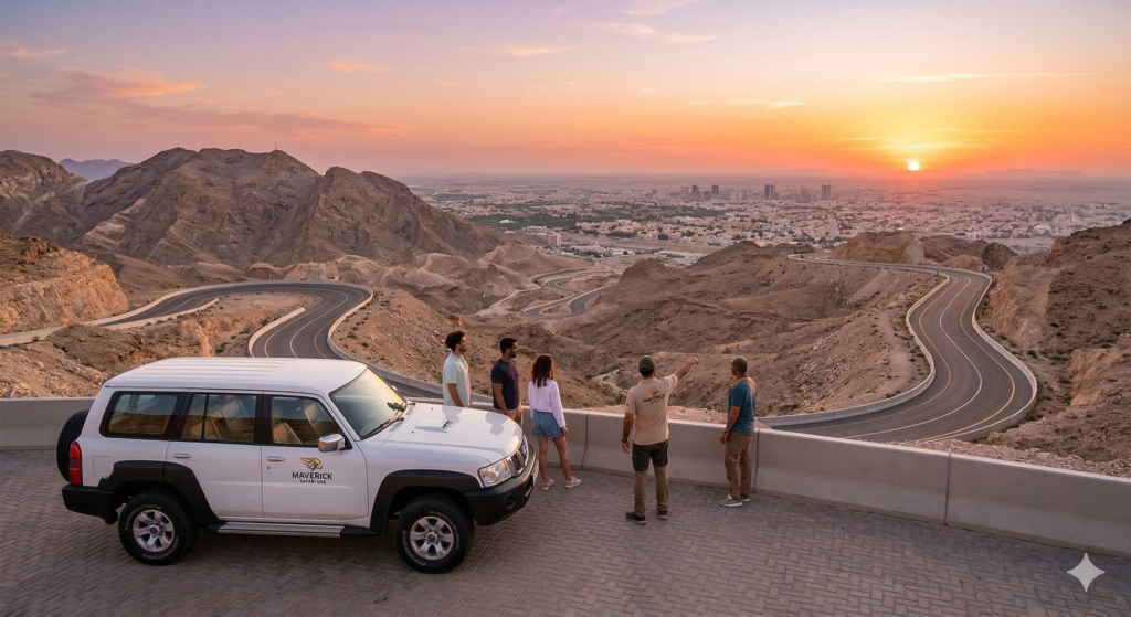 A professional guide pointing out local landmarks to travelers beside a Maverick Safari SUV on the summit of a Jebel Hafeet Tour.