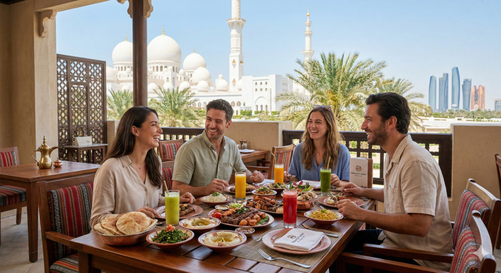 Tourists enjoying traditional Arabic lunch with mosque view during Abu Dhabi Tour With Lunch experience