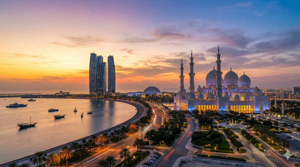 Abu Dhabi Sightseeing Stunning sunset view of Sheikh Zayed Grand Mosque and Etihad Towers during Abu Dhabi Sightseeing tour along the Corniche waterfront