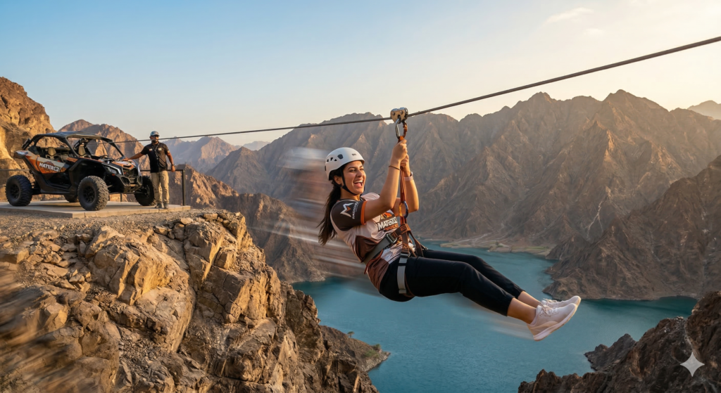 Experience the thrill of the Hatta Zip Line, a premier adventure activity in Dubai, featuring panoramic views of the Hatta mountain lake.