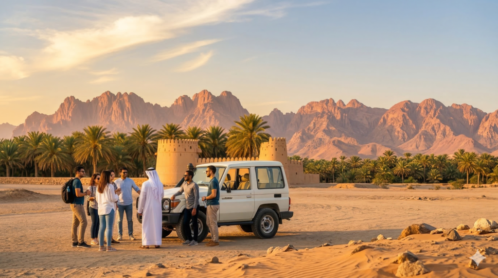 A group of tourists and a local guide in traditional Emirati dress gathering near a Maverick Safari UAE vehicle during an Al Ain Tour.