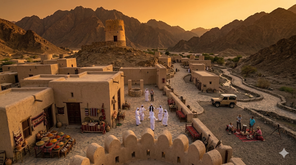 Golden hour aerial view of the historic Hatta Heritage Village courtyard, featuring traditional architecture, mountain landscapes, and a lively cultural performance.