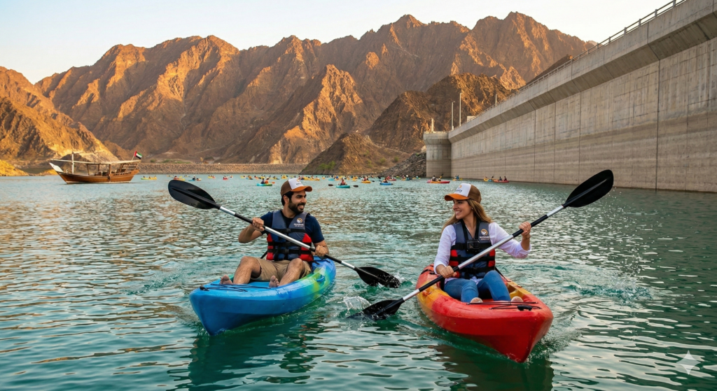 Couple kayaking at Hatta Dam during Hatta Tour From Dubai with Hajar Mountains and dam wall backdrop.