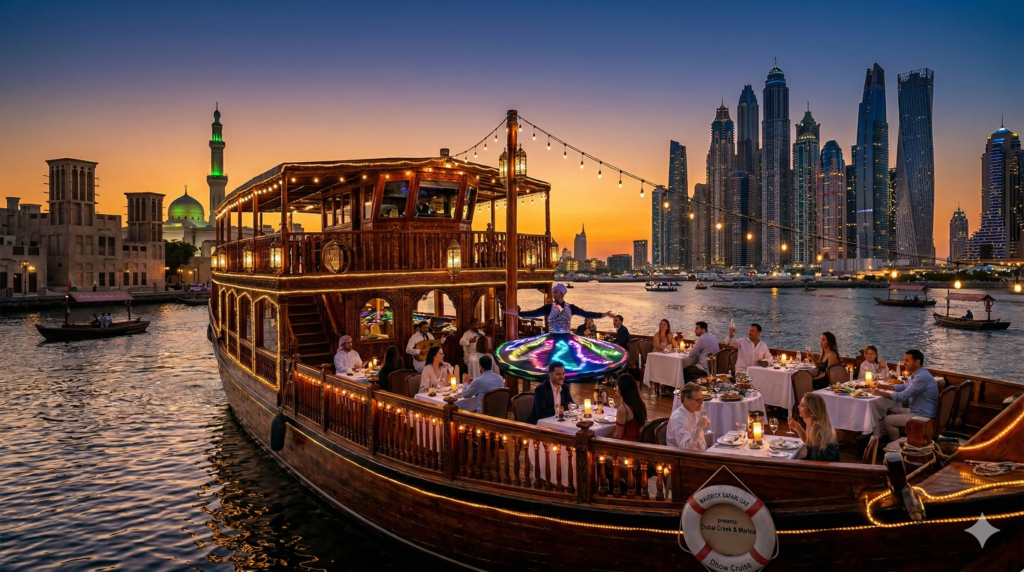 Experience the best value Dhow Cruise Dubai Price featuring a live Tanoura dance show, gourmet buffet dinner, and stunning views of the Dubai Marina skyline.