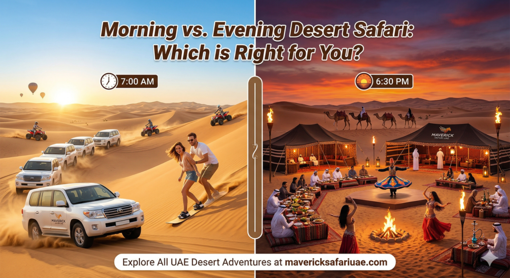 Infographic comparing Is Morning or Evening Desert Safari Better, featuring sunrise sandboarding and quad biking vs. sunset cultural shows and BBQ dinner.