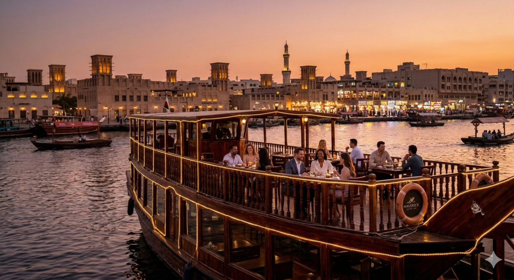 Tourists dining on a Maverick Safari UAE boat during a Creek Dhow Cruise Dubai at sunset, with the historic Al Fahidi and Al Seef skyline in the background.