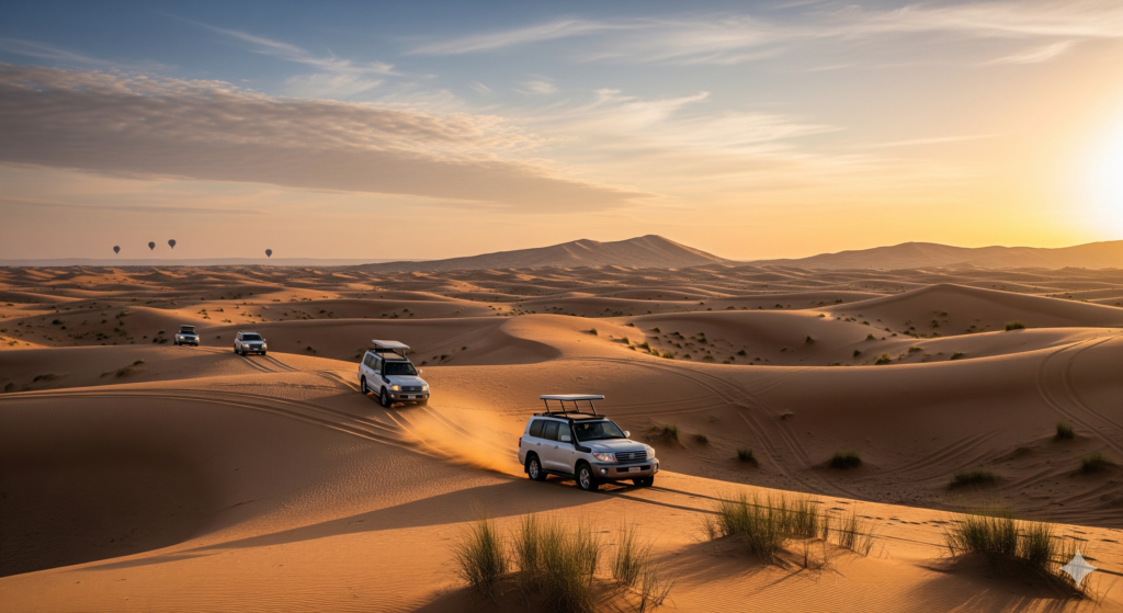 Convoy of 4x4 vehicles at sunrise answering what time does morning desert safari start with early morning departures between 4:30 AM and 5:30 AM.